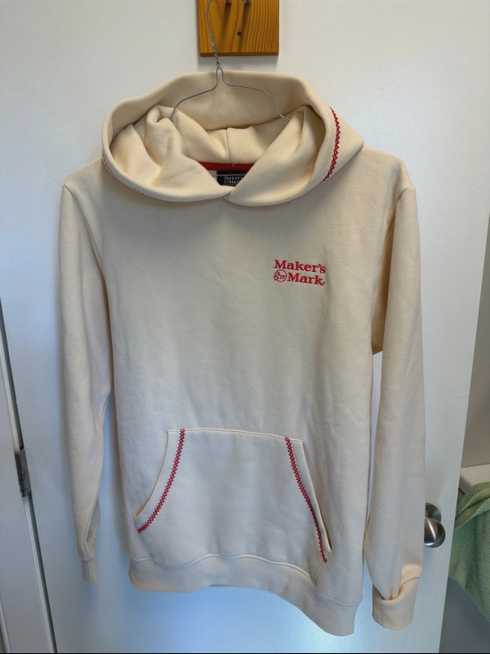 Cream Crewneck Sweater with Red Stitch Detailing